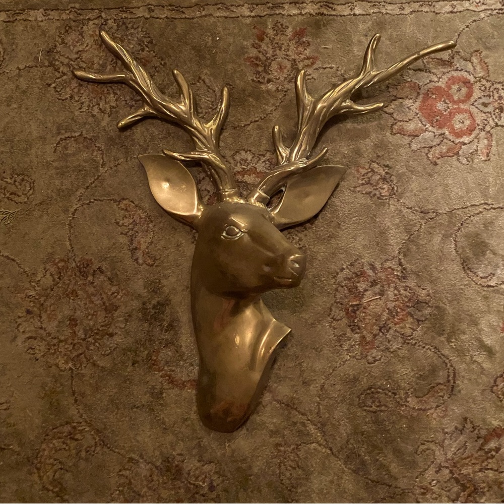 Very Large Brass Deer with Antlers 70s Brass Wall Hanging